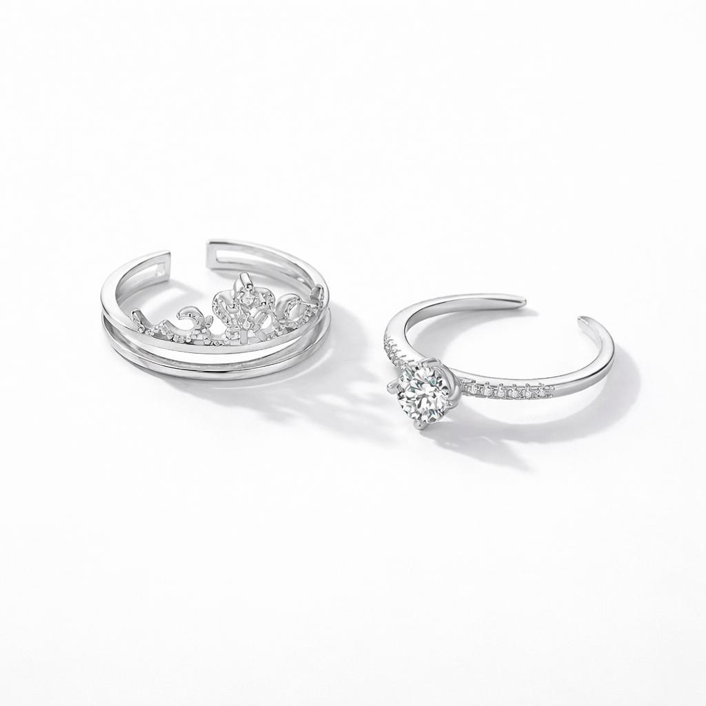 2-in-1 Adjustable Crown Ring – Interlocking Double Ring with Crystal Design