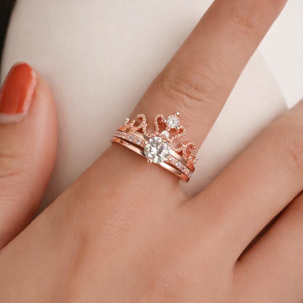 2-in-1 Adjustable Crown Ring –  Interlocking Double Ring with Crystal Design