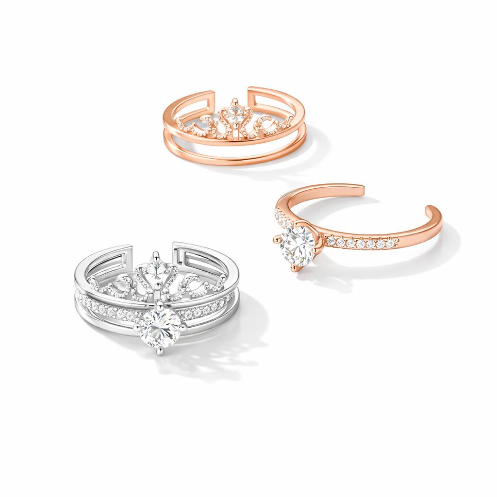 2-in-1 Adjustable Crown Ring –  Interlocking Double Ring with Crystal Design